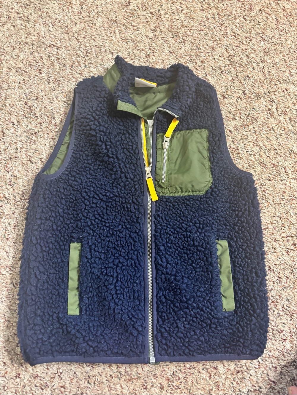 Kids Navy Sherpa Vest with Green Trim/Yellow Zipper pulls